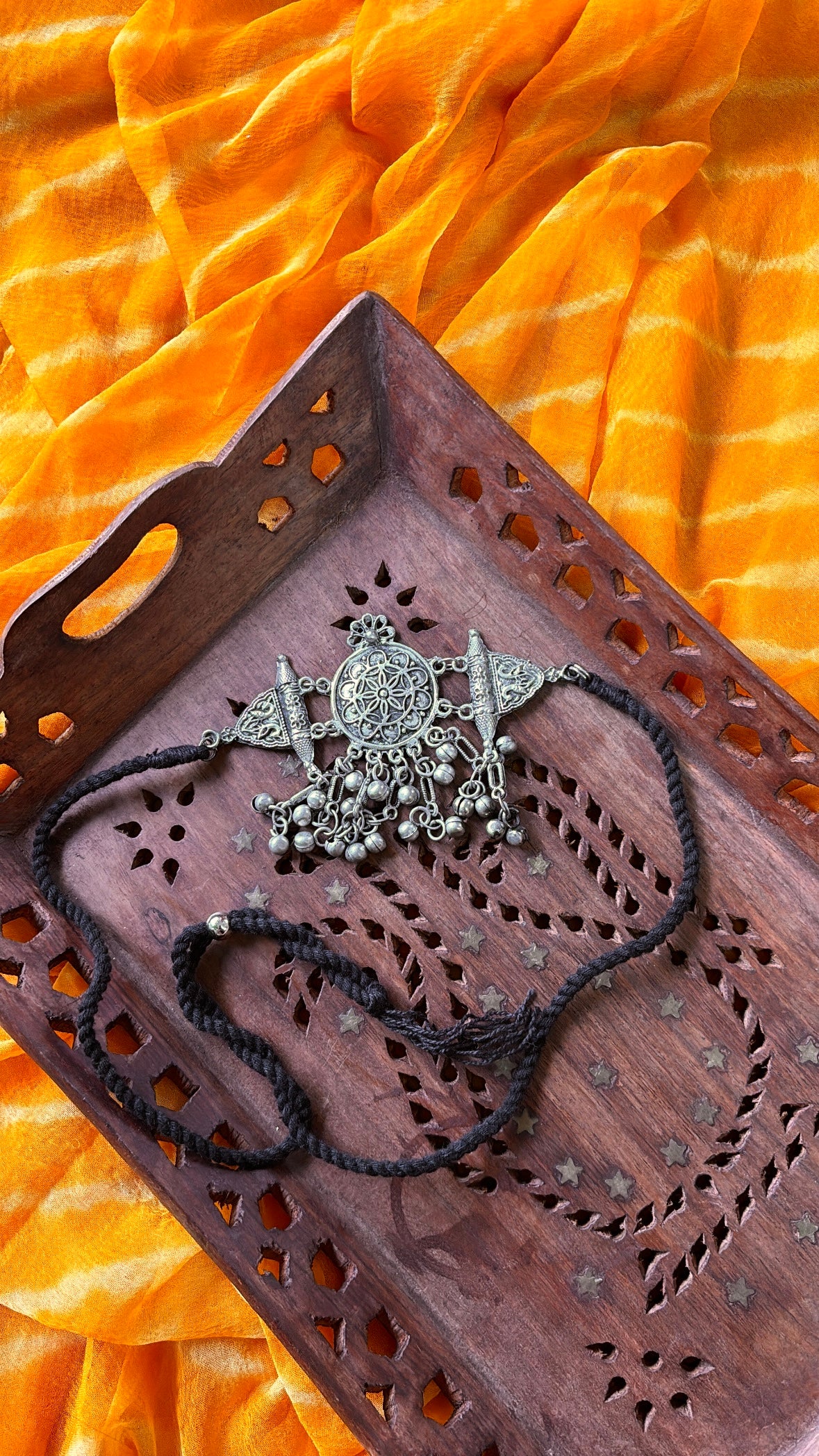 Oxidized Silver Choker Necklace with Ghungroo & Black Thread