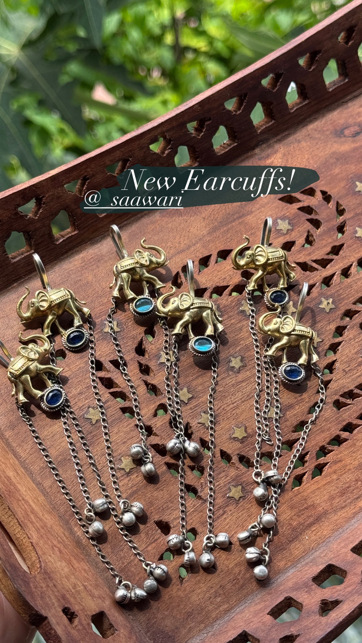 Saawari Ethnic Elephant Ghungroo Ear Cuffs with Blue Stone