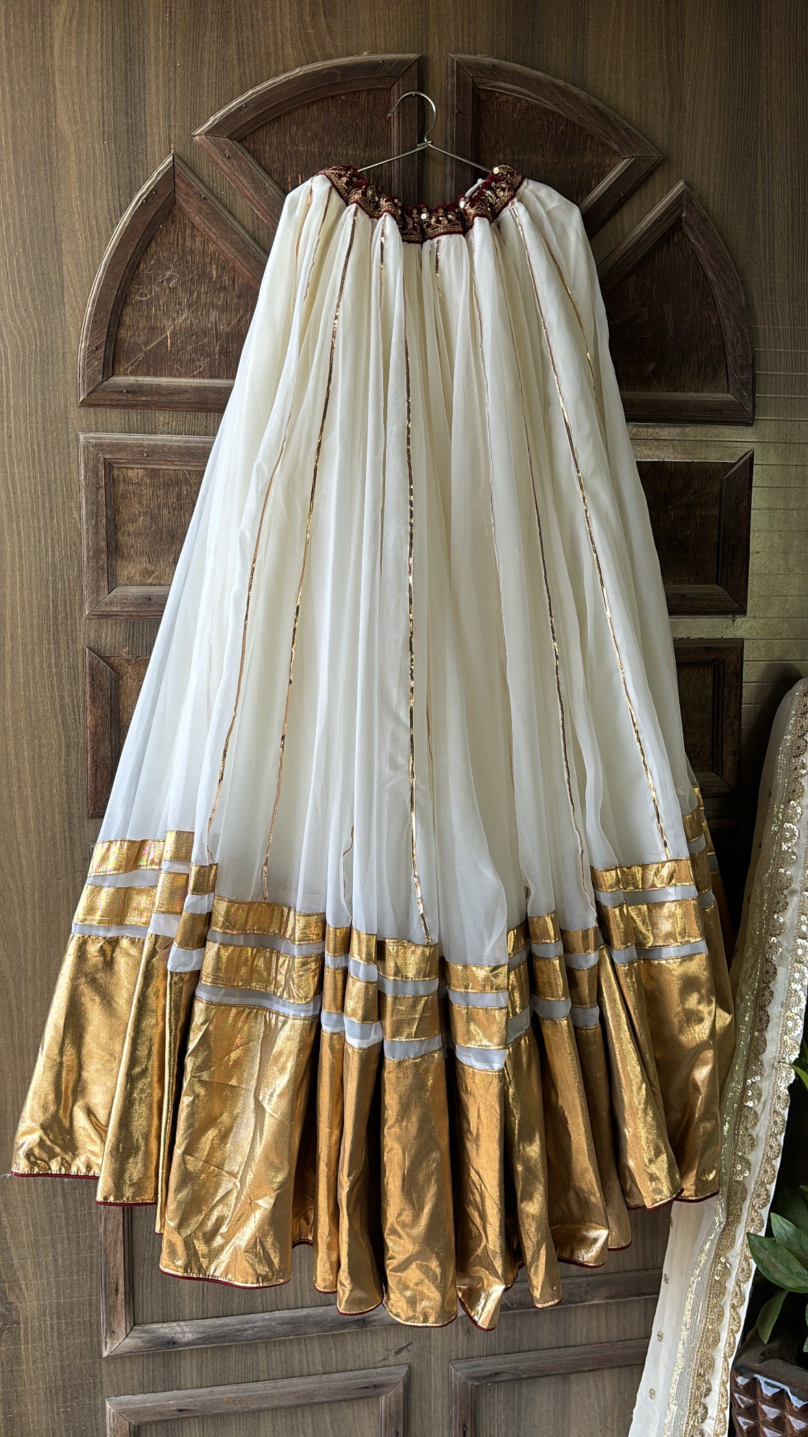 Cream Gold Embellished Georgette Flared Lehenga Skirt