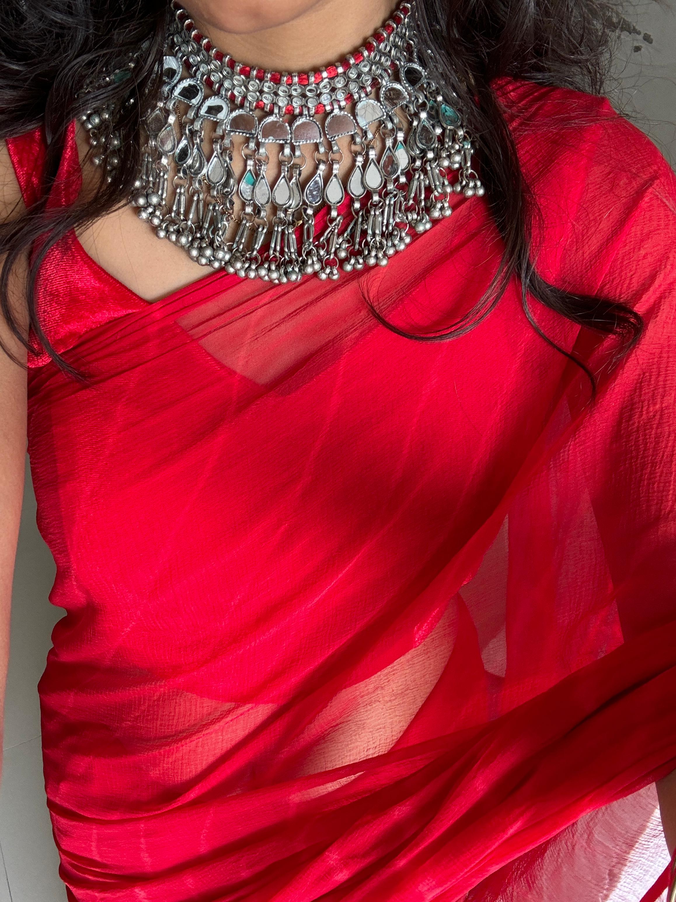 Oxidized Silver Mirror Work Ghungroo Choker Necklace