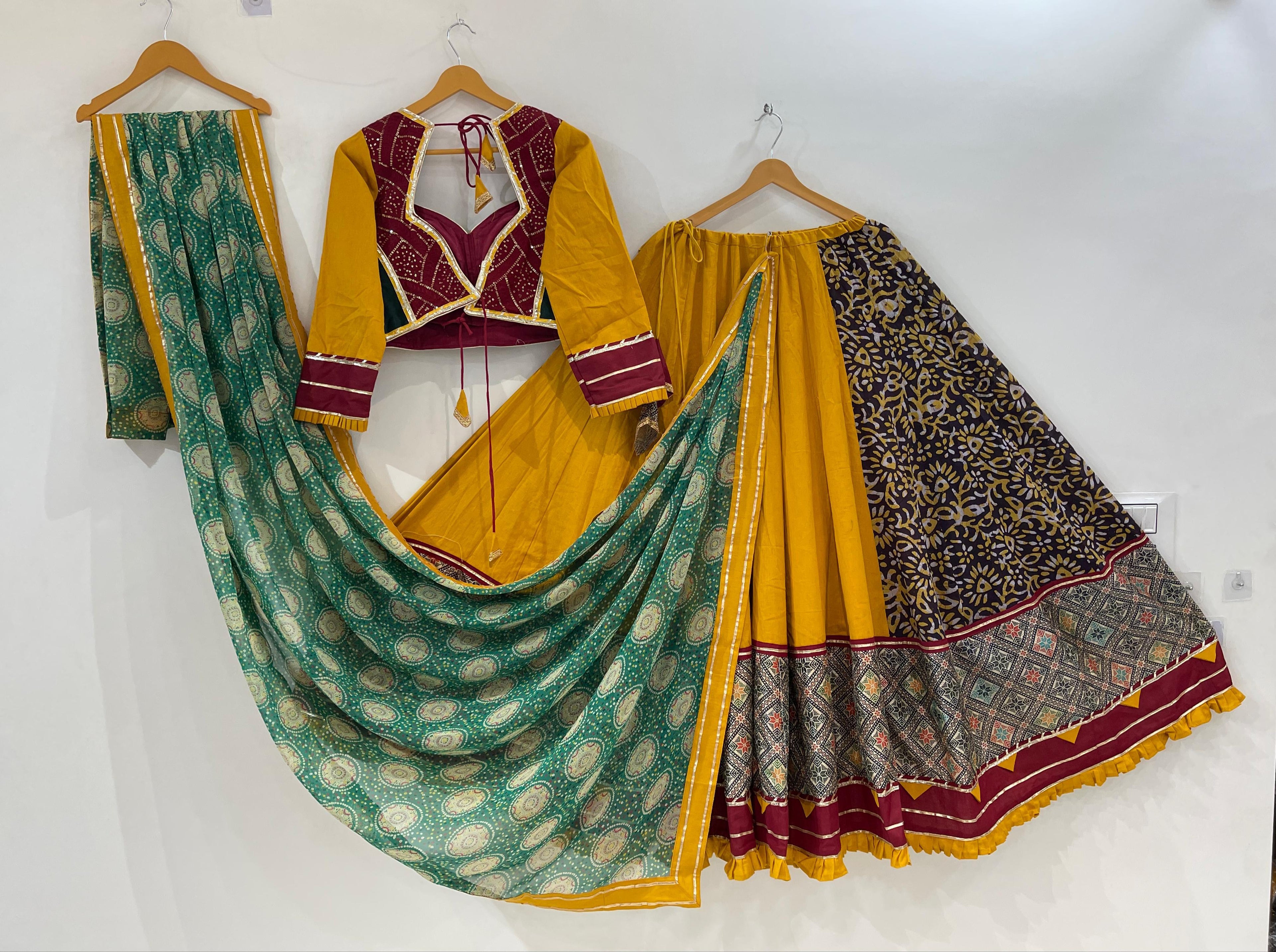 Mustard Yellow Cotton Lehenga Choli Set with Embroidered Blouse & Printed Dupatta