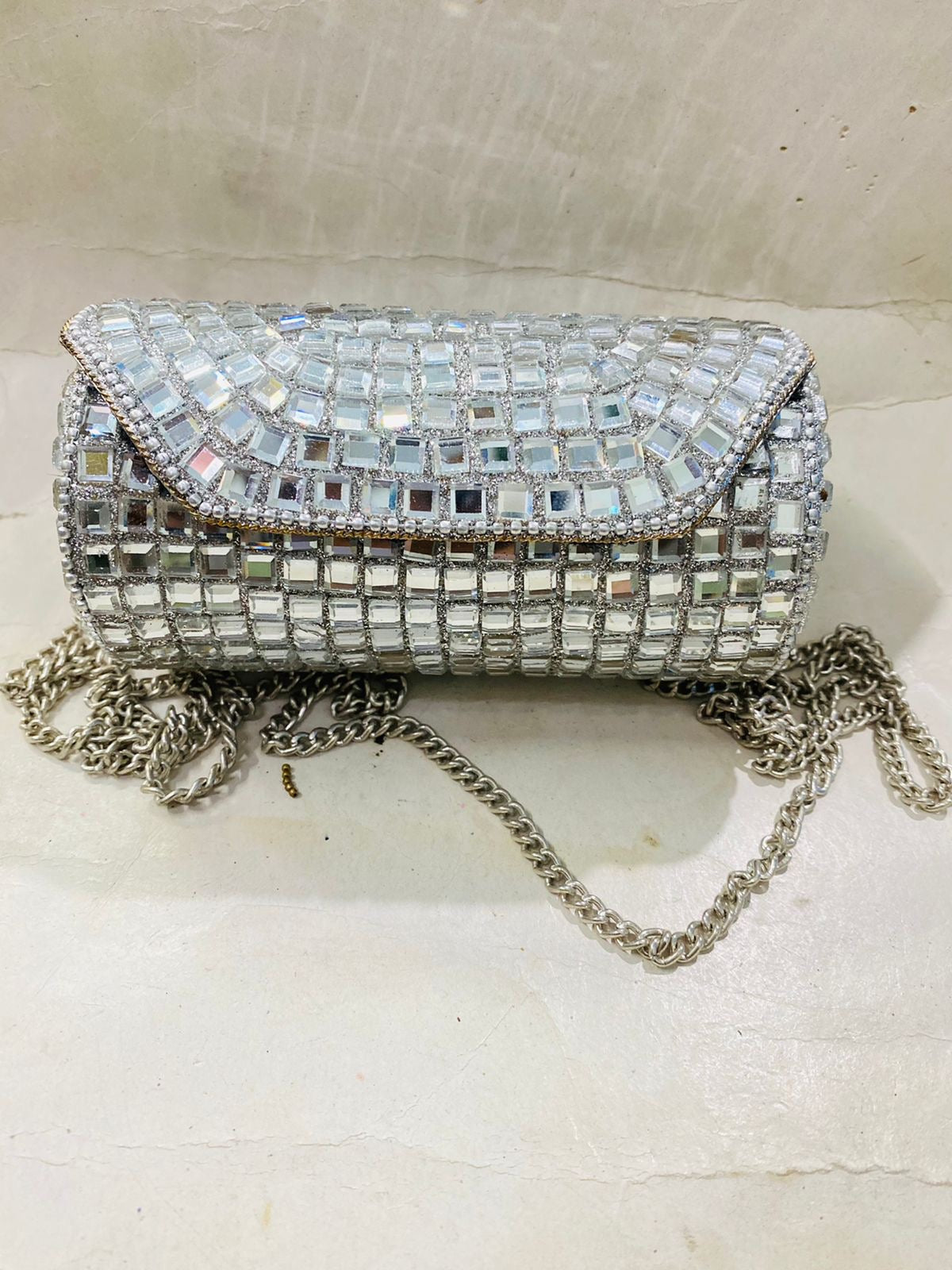 Shimmering Silver Mirror Work Clutch Bag with Chain Strap