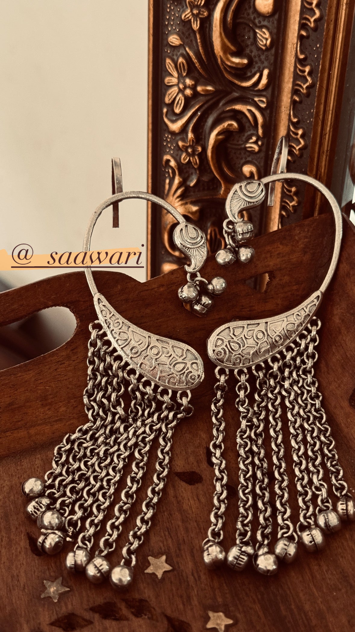 Saawari Oxidized Silver Chandbali Ear Cuffs with Ghungroo Chains