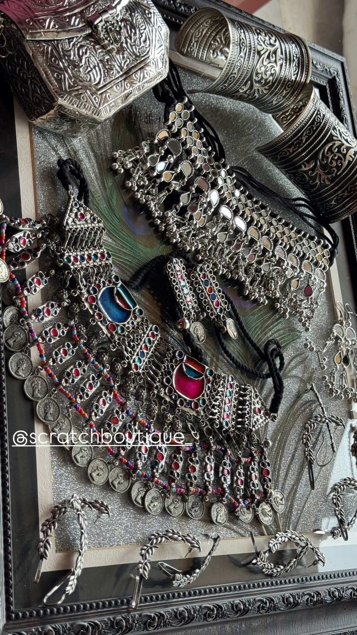 Oxidized Silver Tribal Choker Necklace with Multi-Color Enamel & Coin Drops