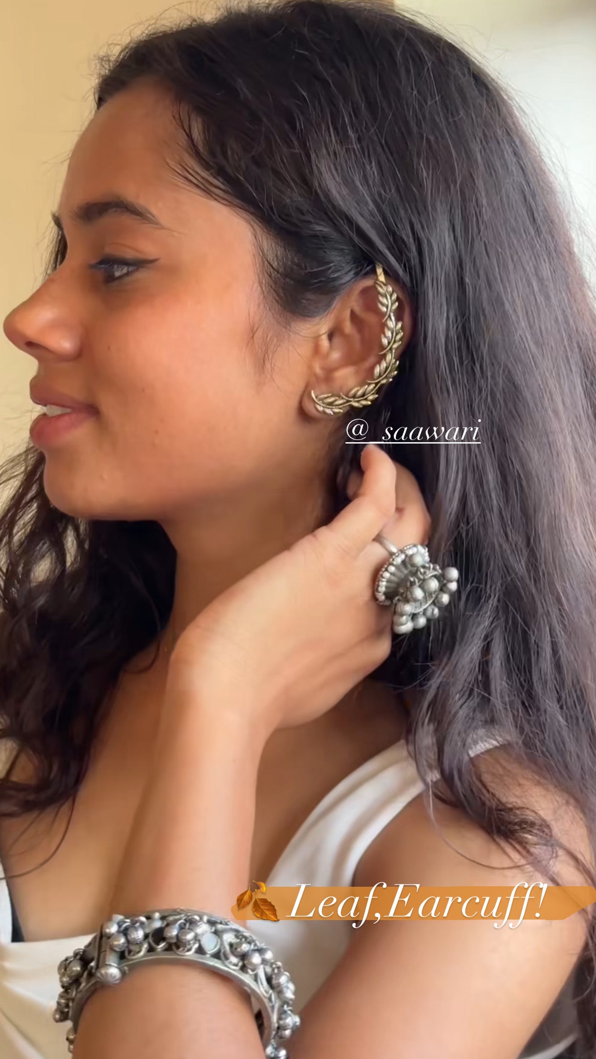 Saawari Antique Gold Tone Leaf Design Ear Cuff | Ethnic No Piercing