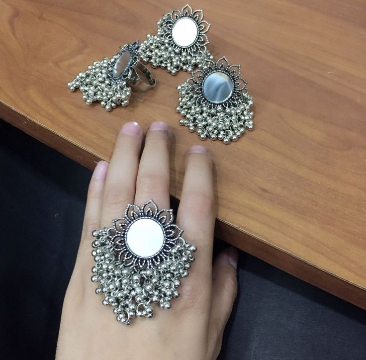 Heavy Oxidized Silver Garba Mirror Ring – Adjustable