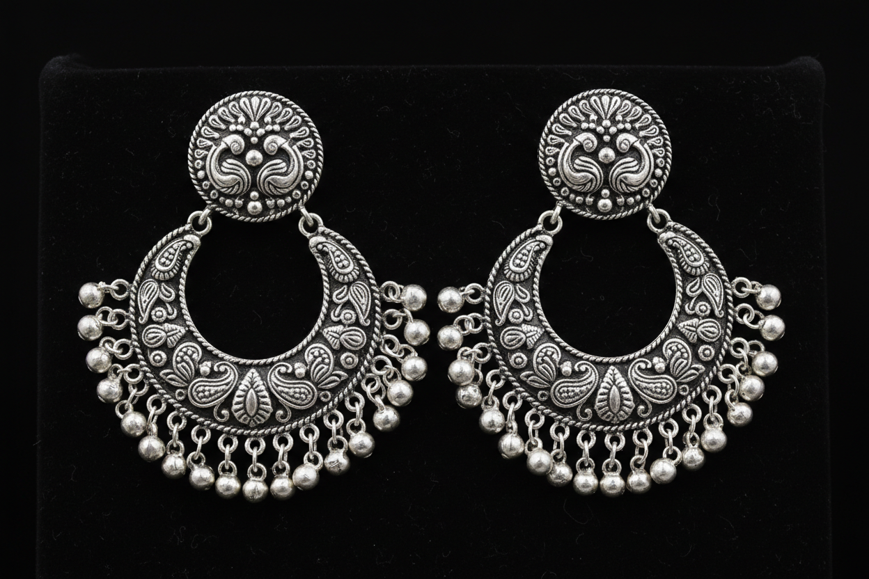 heavy silver rounded  garba earings with balck background