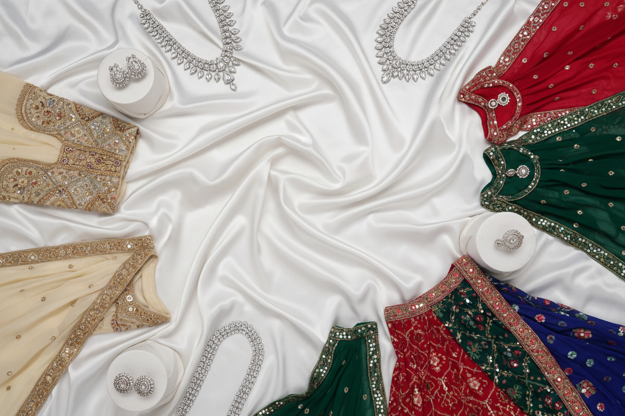 make expensive silky while background with morden things like kurtis, chaniyacholi, silver diamond jewellery , rings and the middle part should be clear so where can i put the name of brand